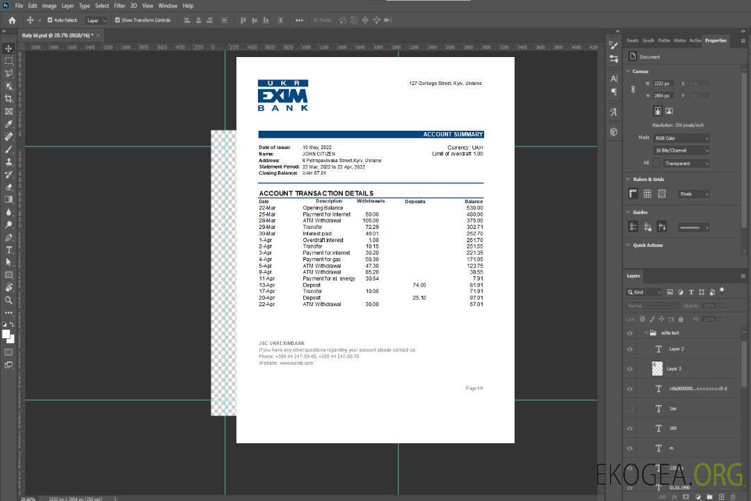 Relevé bancaire d'Ukraine Ukreximbank template